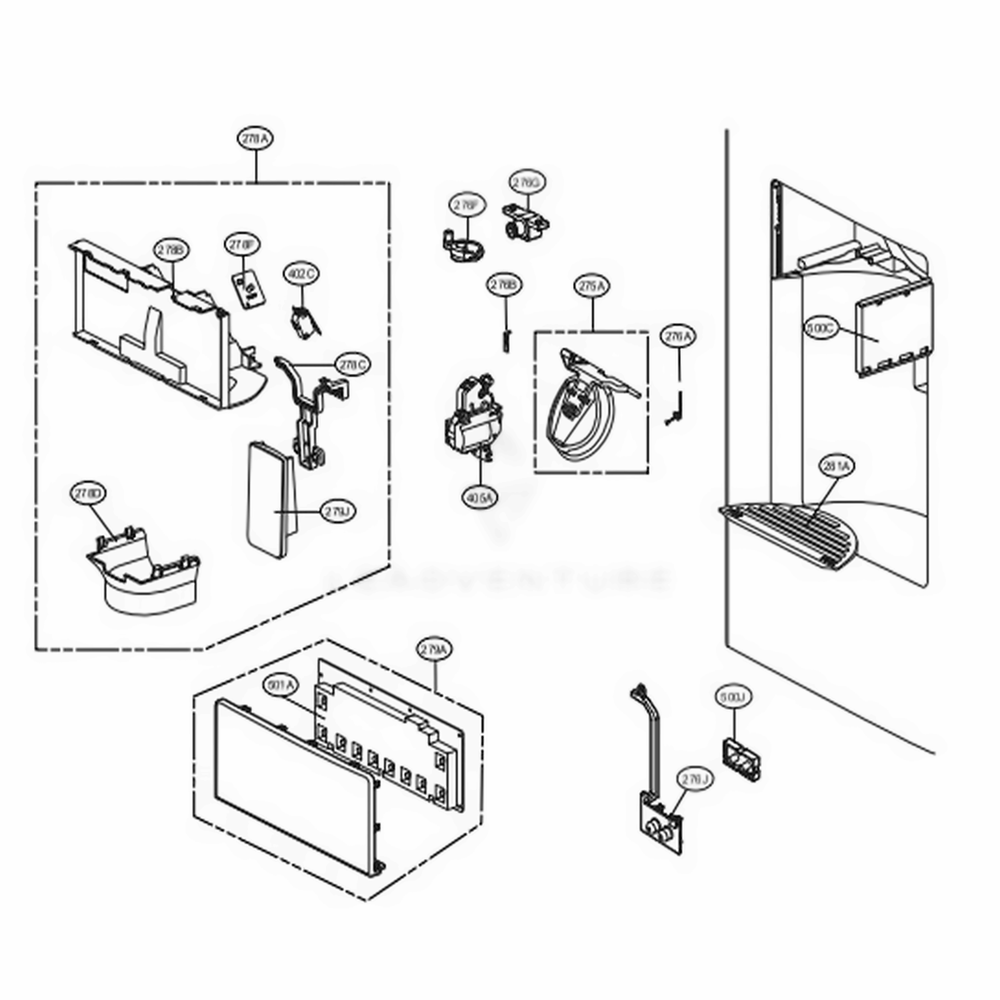 Dispenser Parts Diagram and Parts List for 71054 ABICSE3 LG Refrigerator