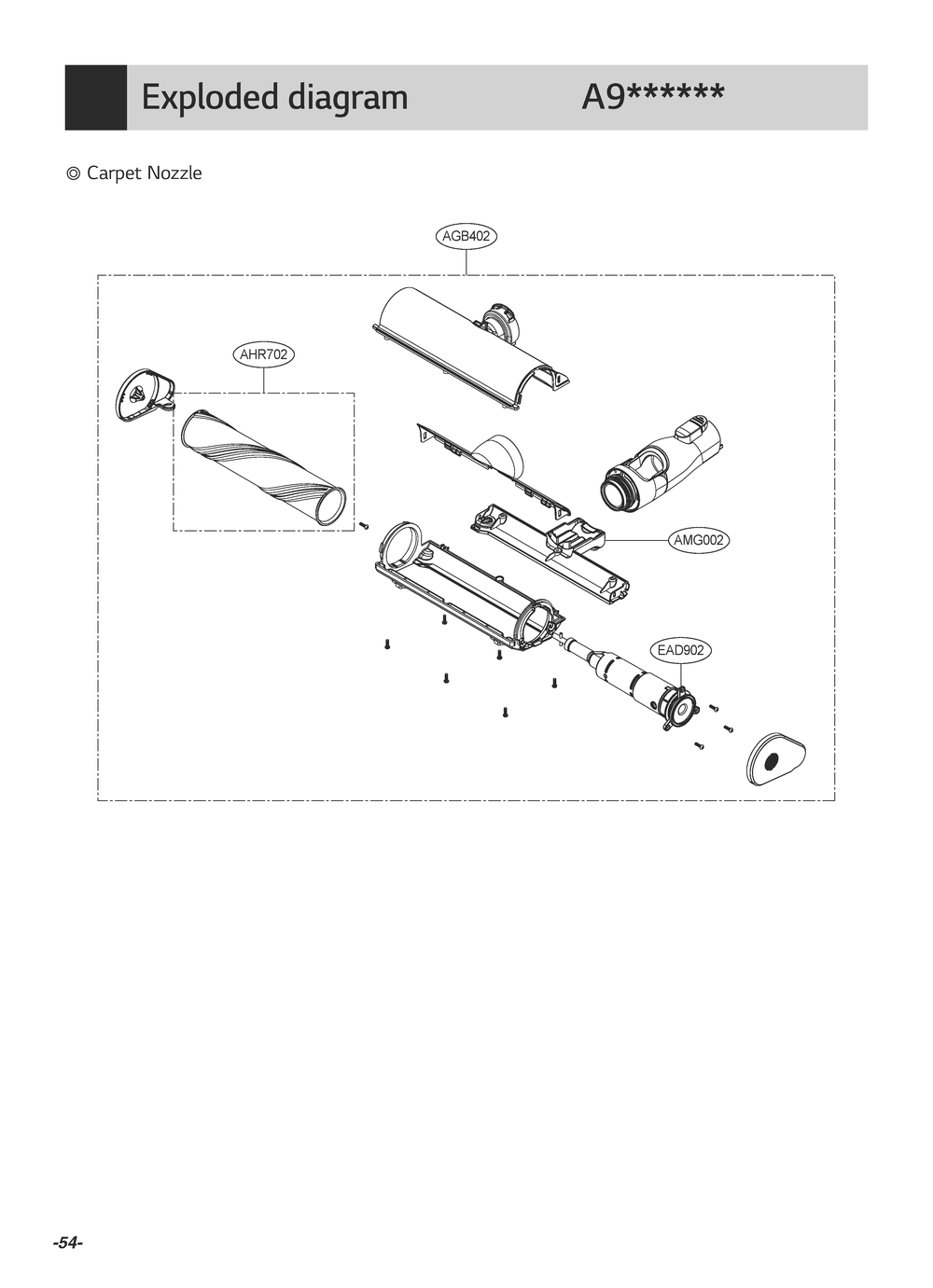 Carpet Nozzle Diagram and Parts List for VS9713NBSWH BVWELGA LG Canister Vacuum