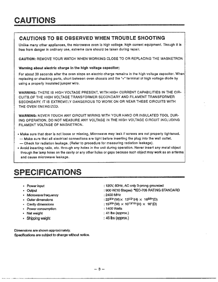 Cautions/specifications Diagram and Parts List for MA-1554M  LG Microwave