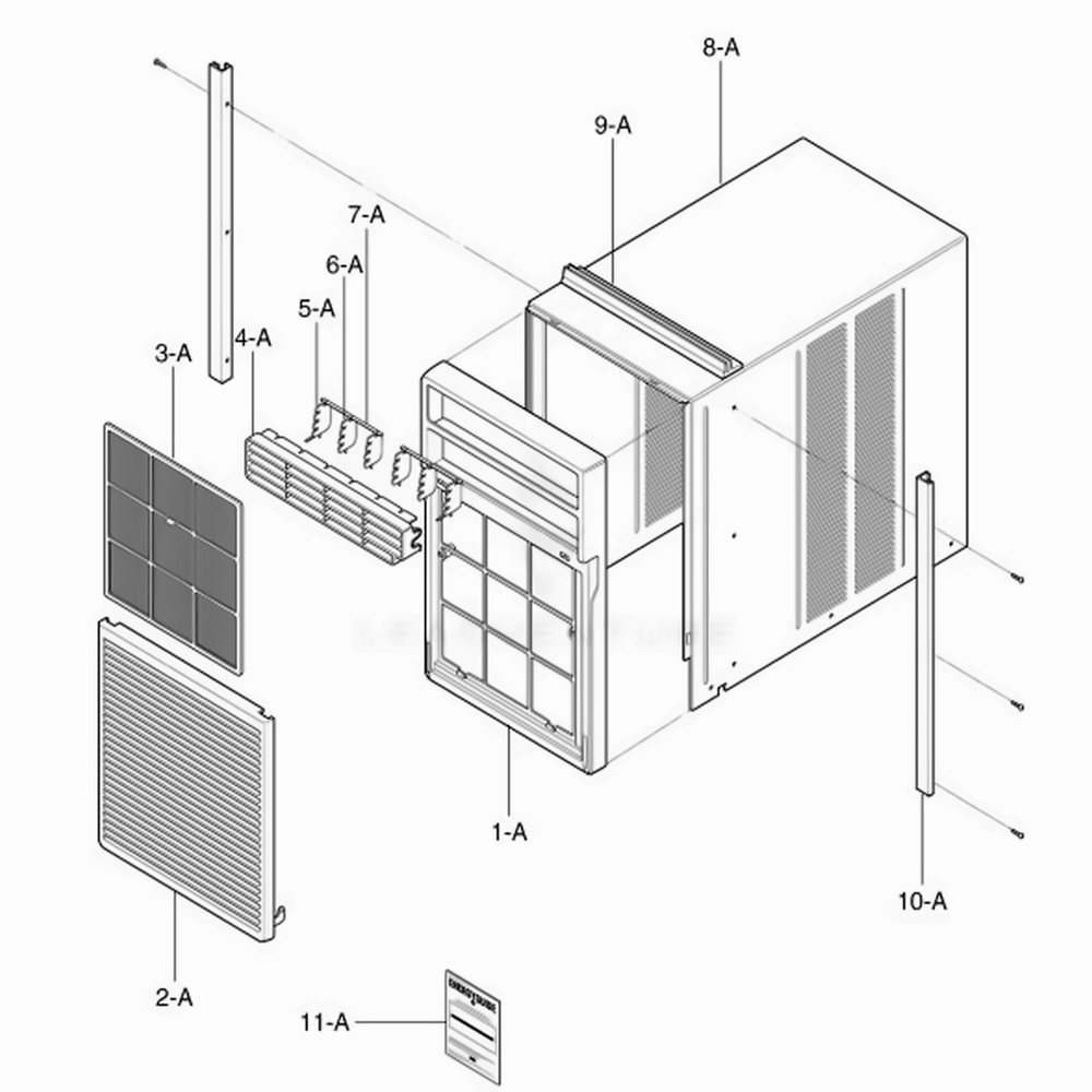 Cabinet And Front Grille Assembly Diagram and Parts List for 75063 AWYASRU LG Air Conditioner