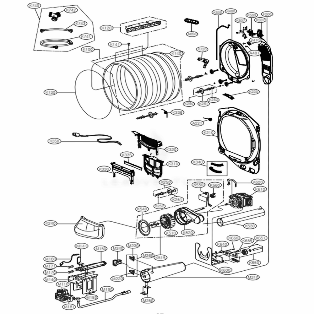 Drum And Motor Assembly: Gas Type Diagram and Parts List for DLGX7801VE ASSEEUS LG Dryer