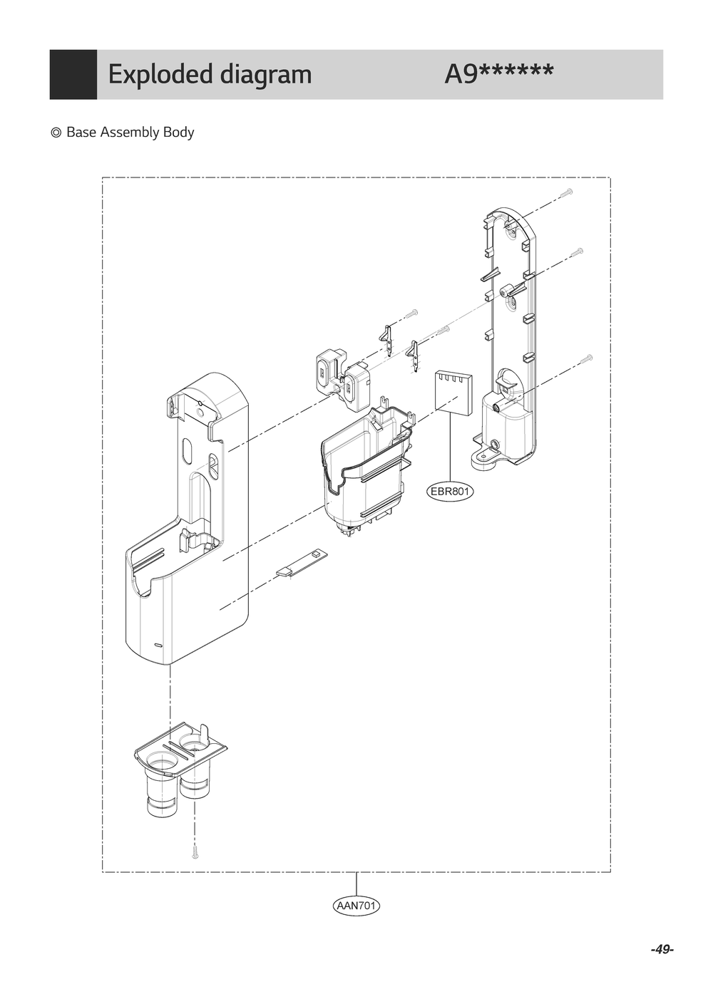 Base Assembly Body Diagram and Parts List for VS9713NBSWH BVWELGA LG Canister Vacuum