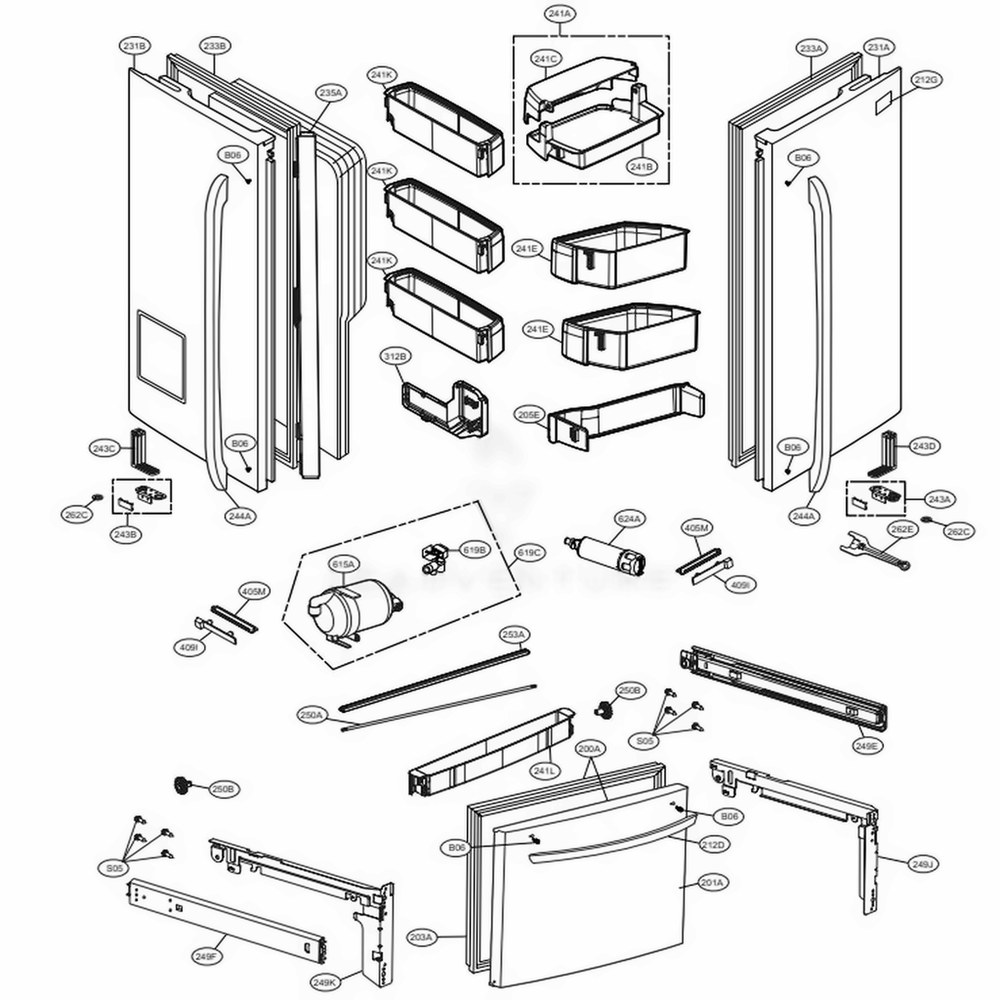 Door Parts Diagram and Parts List for 72493 ASTCSE1 LG Refrigerator