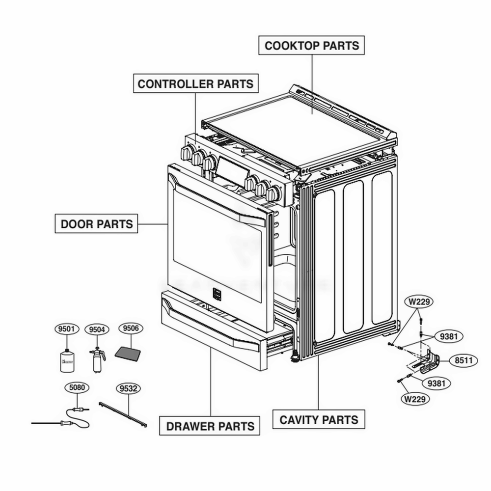 Main Diagram and Parts List for LSSE3029BD ABDLSTD LG Range
