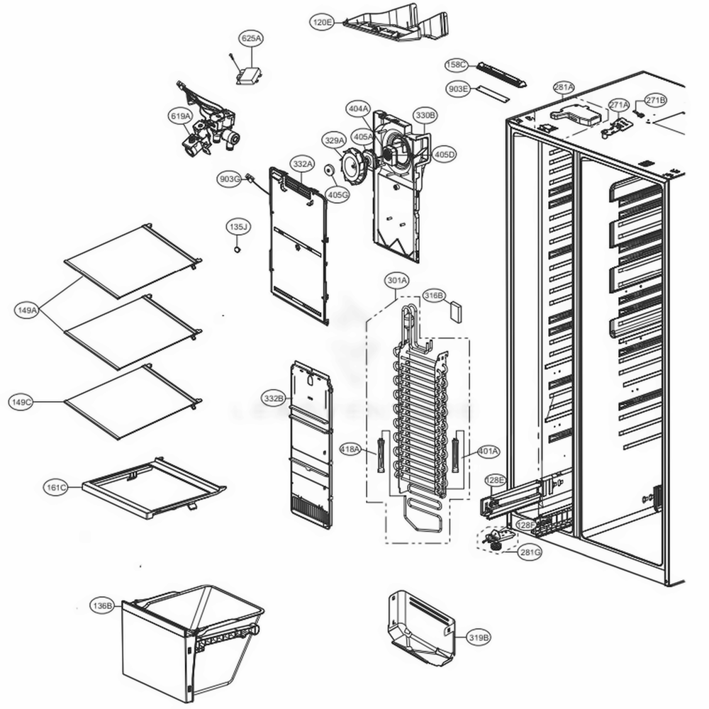 Freezer Compartment Diagram and Parts List for LSXS26336S ASTCNA2 LG Refrigerator
