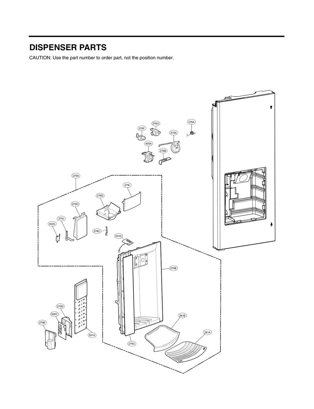 Dispenser Parts Diagram and Parts List for GC-L288NSRP ASTCNA1 LG Refrigerator