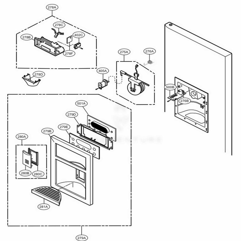 Dispenser Parts Diagram and Parts List for 78506 ATI4SER LG Refrigerator