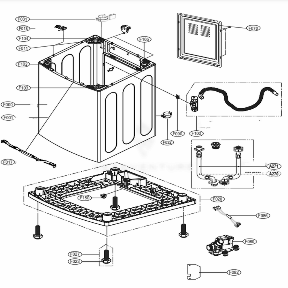Outer Case Assembly Diagram and Parts List for WT5070CV ASSEPUS LG Washer