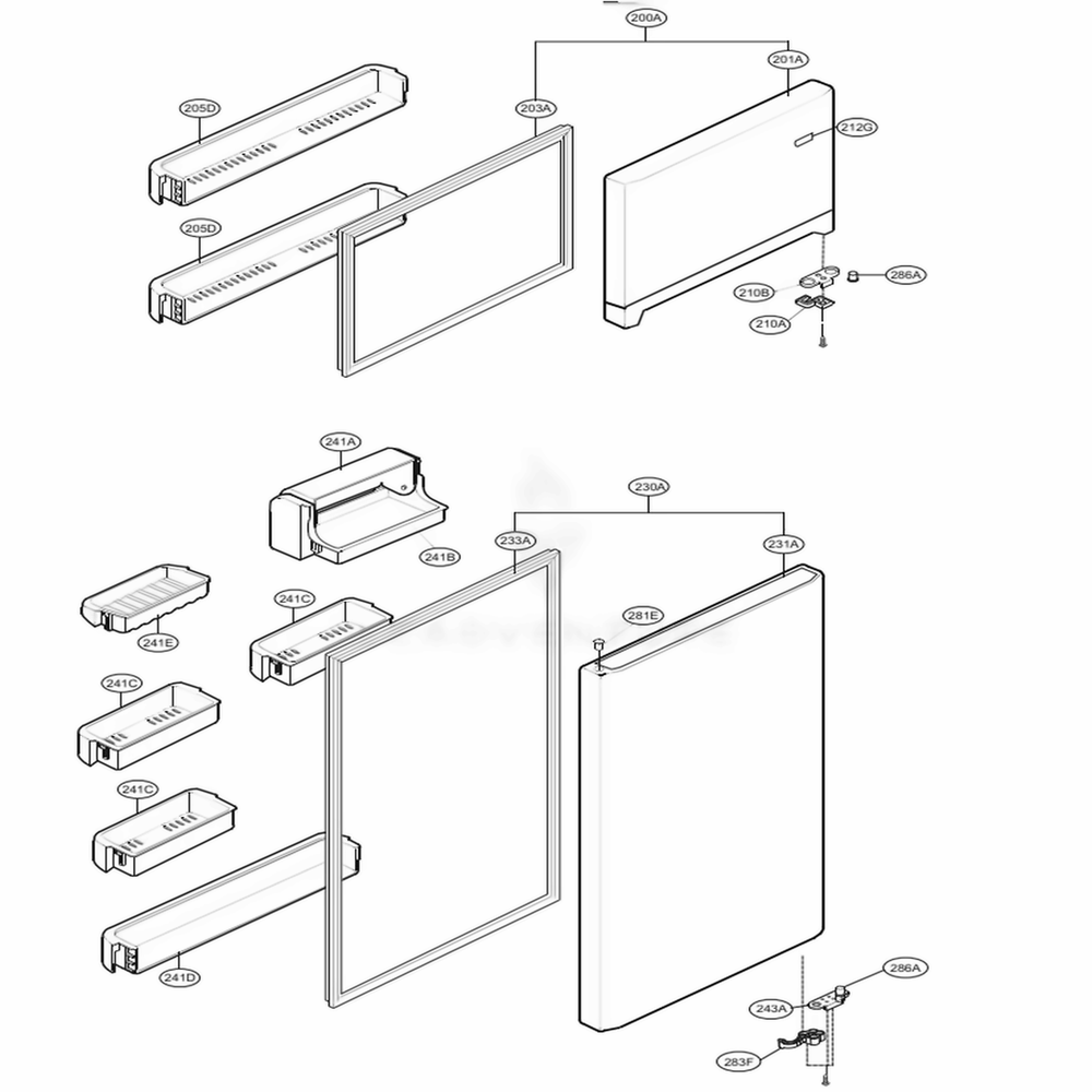 Door Parts Diagram and Parts List for 69979 AWB1SER LG Refrigerator