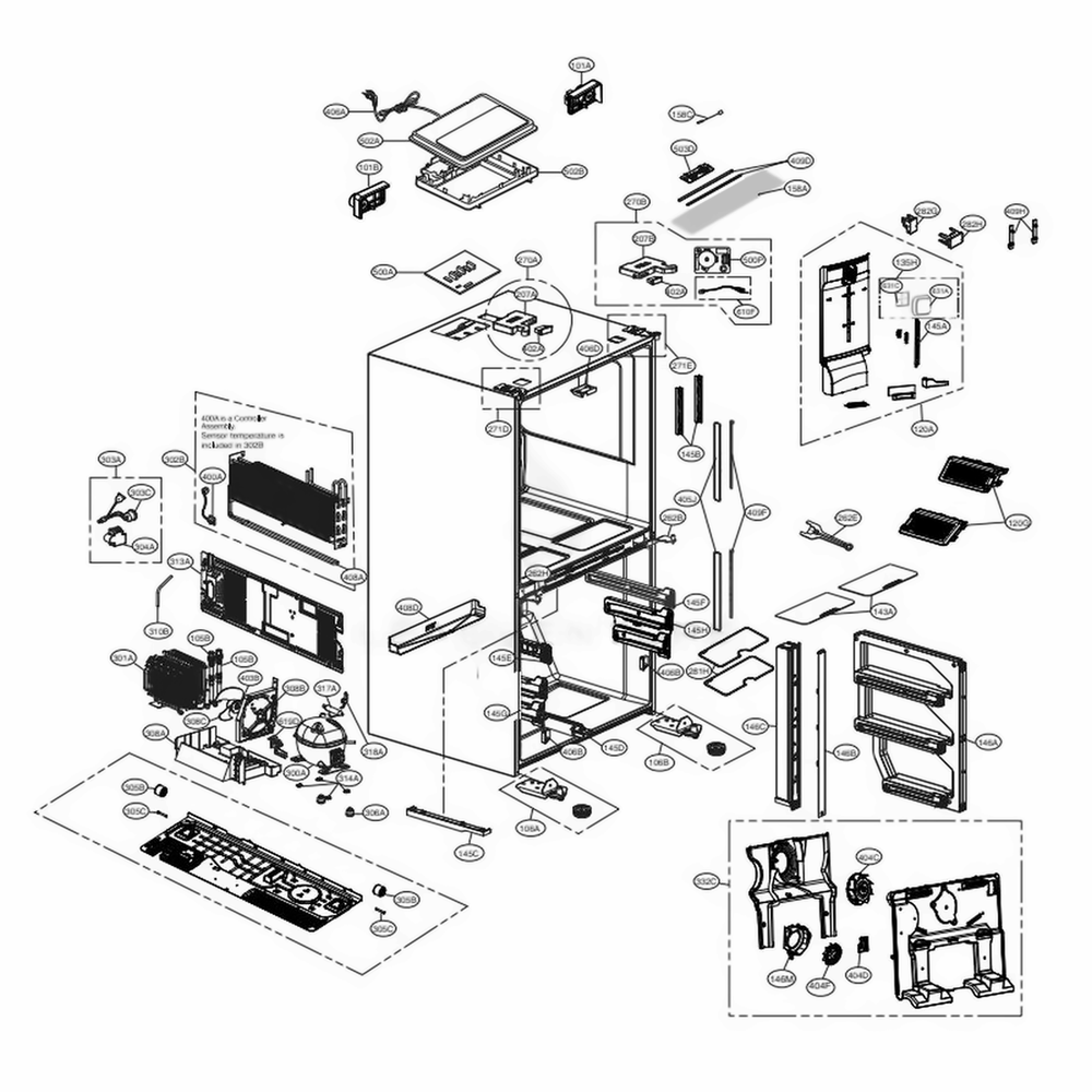 Case Parts Diagram and Parts List for LNXC23766D ASBCNA0 LG Refrigerator
