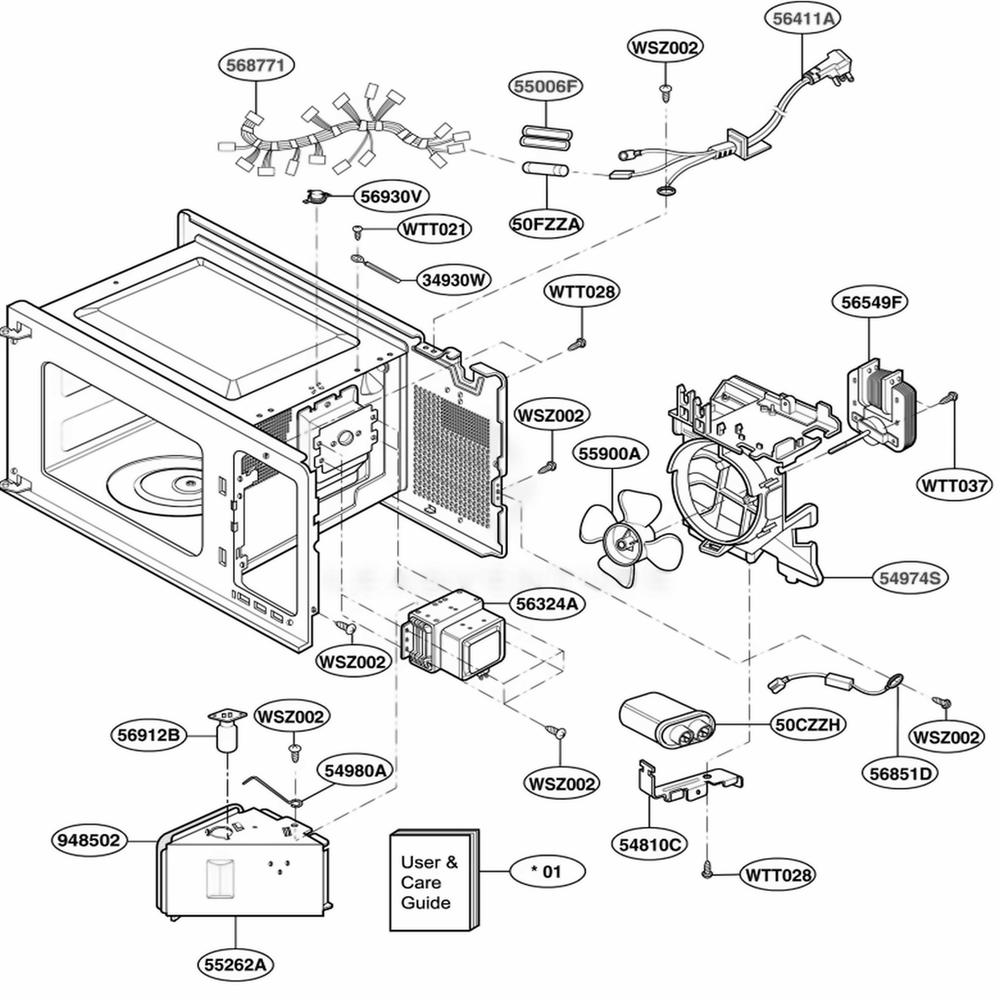 Interior Parts Diagram and Parts List for MT4110SKQ KMWEWRP LG Wall Oven