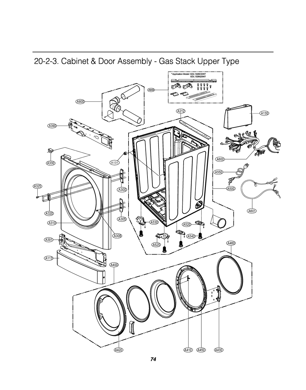 Cabinet And Door Assembly Diagram and Parts List for GDL1329CGW8 ABWEELC LG Dryer