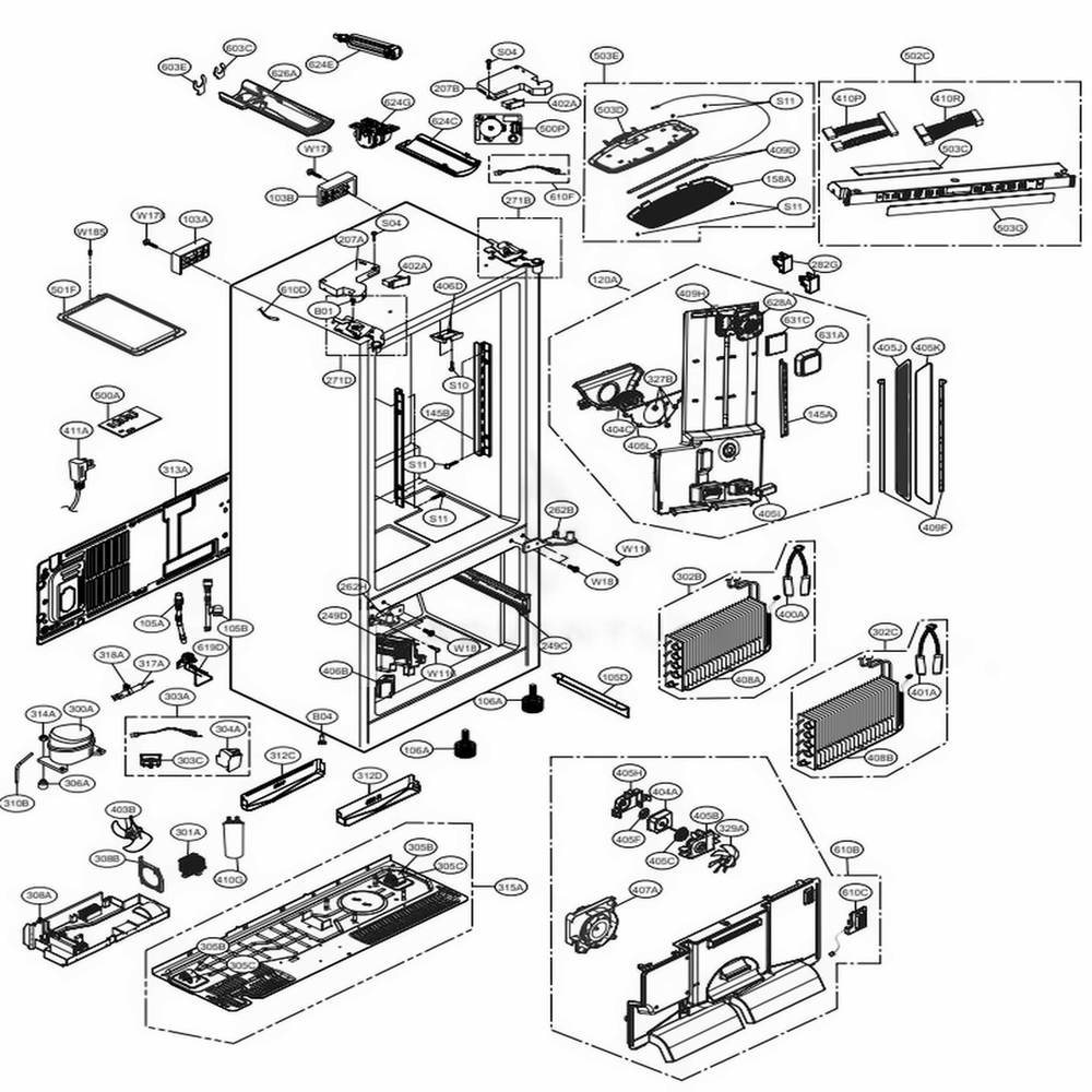 Case Parts Diagram and Parts List for 74032 ASWCSE1 LG Refrigerator