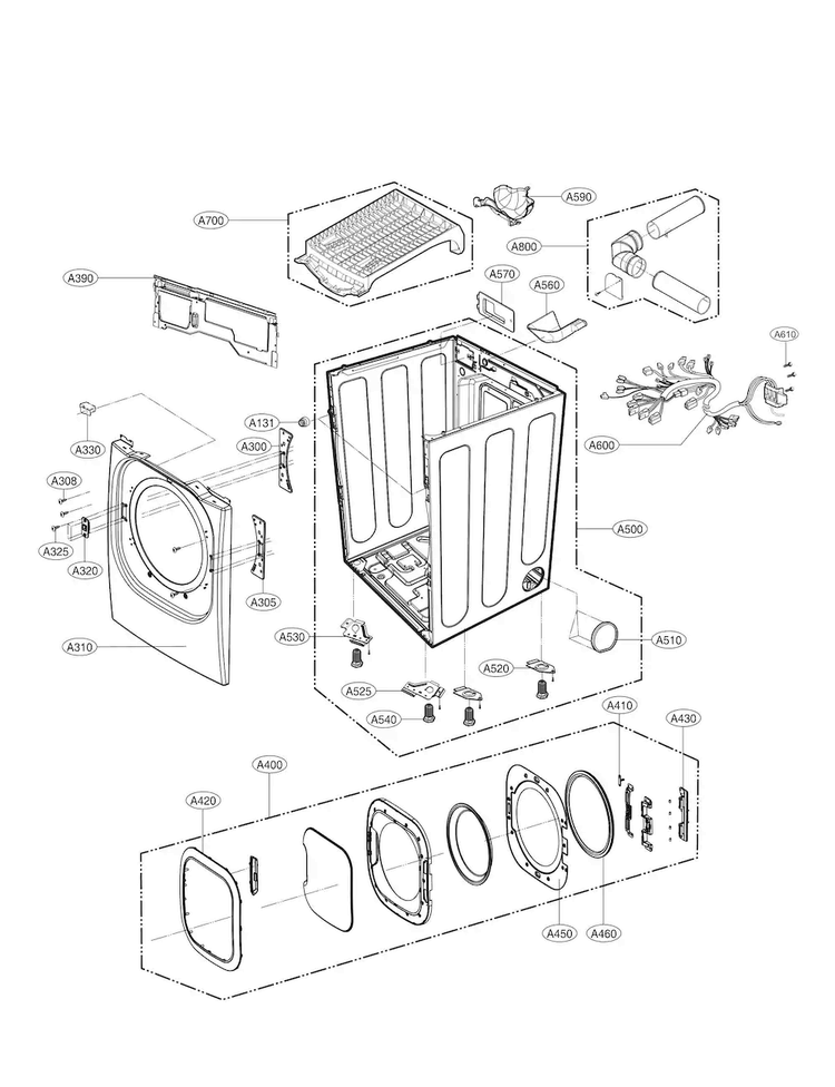 Cabinet And Door Parts Diagram and Parts List for DLEX3370W  LG Dryer