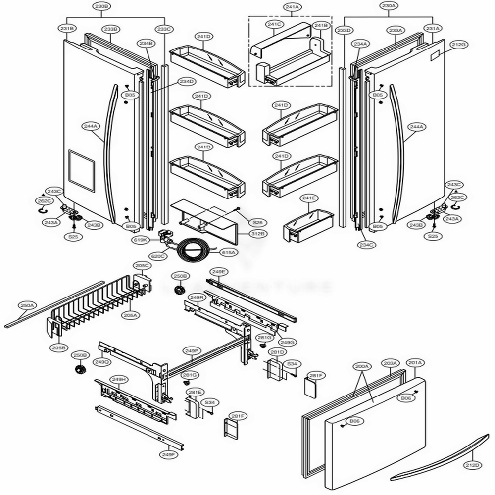 Door Parts Diagram and Parts List for 78542 ASW7SER LG Refrigerator