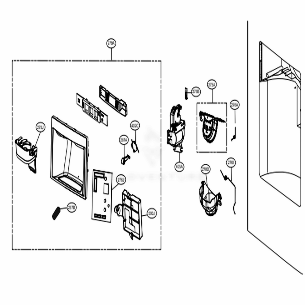 Dispenser Parts Diagram and Parts List for 74077 ASBCSE0 LG Refrigerator