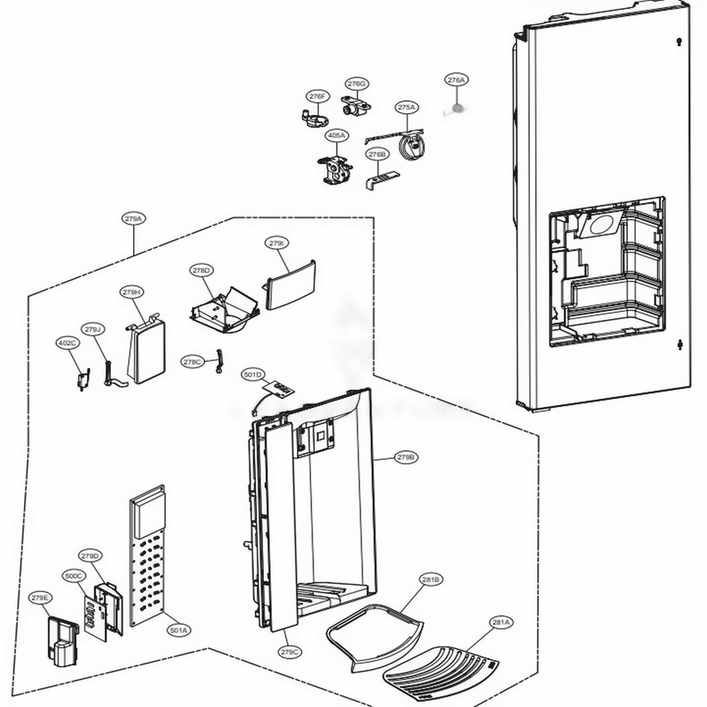 Dispenser Parts Diagram and Parts List for LFX28968SB AWBCNA3 LG Refrigerator