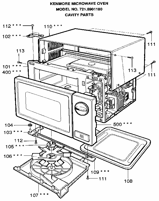 Cavity Diagram and Parts List for 7218901180  Kenmore Microwave