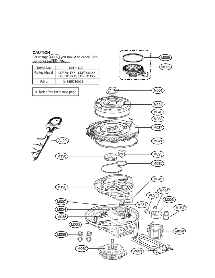 Sump Assy Diagram and Parts List for LDF6810ST-01  LG Dishwasher