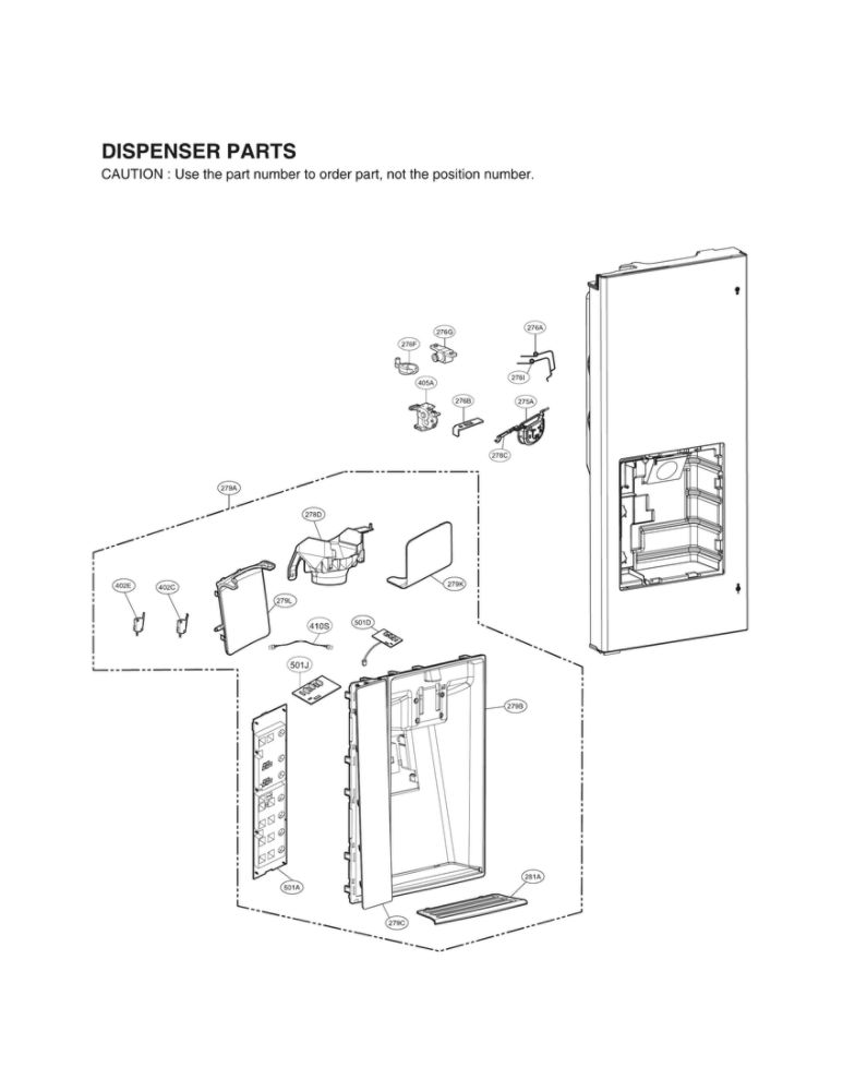 Dispenser Door Parts Diagram and Parts List for LMXC23796S 01 LG Refrigerator