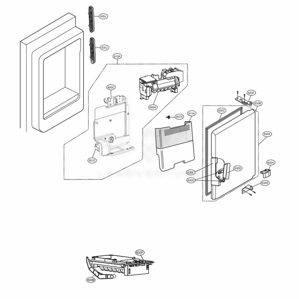 Ice Maker And Ice Bin Parts Diagram and Parts List for LFXS28596D ASBCNA0 LG Refrigerator