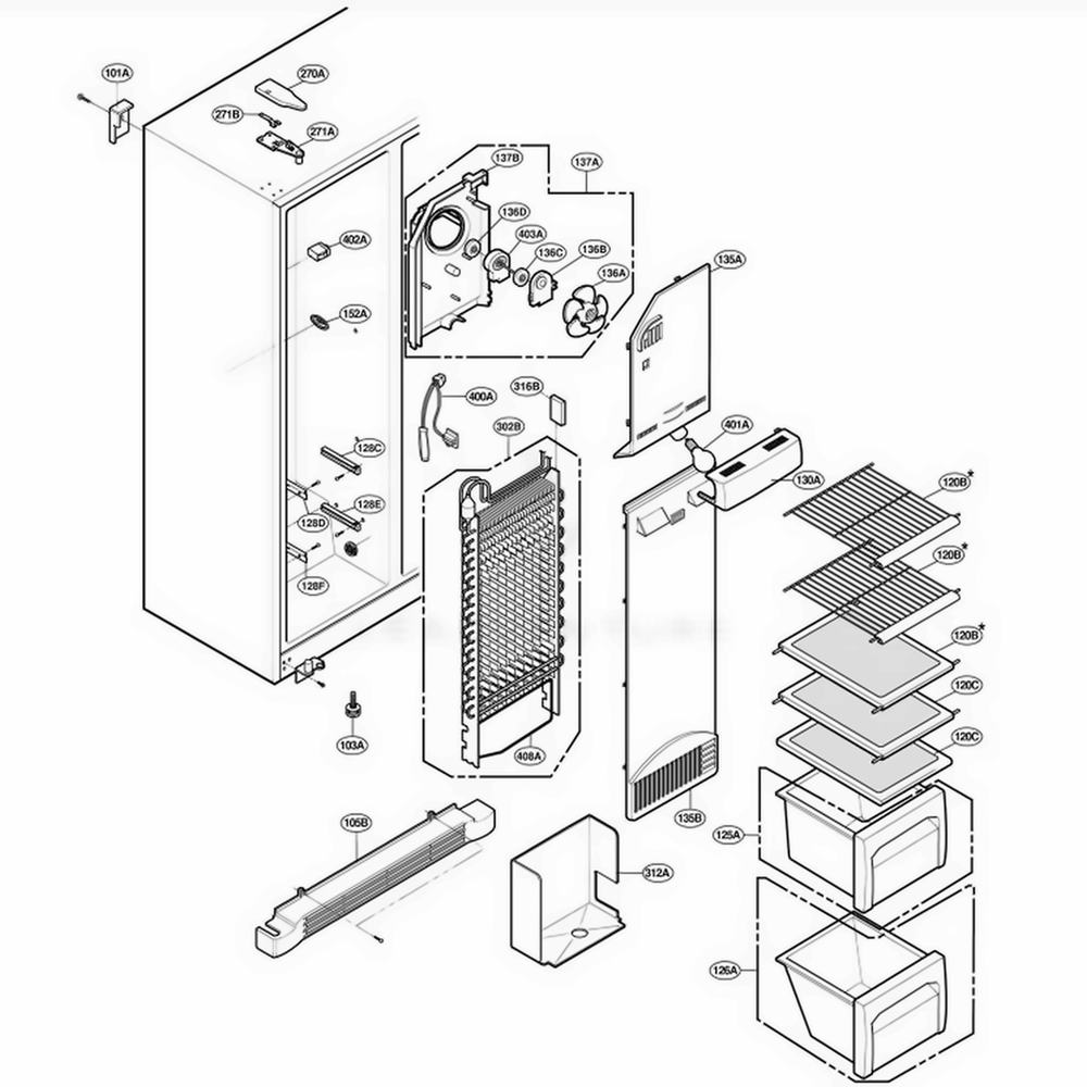 Freezer Compartment Diagram and Parts List for RCG20IERFWW ASWQRCA LG Refrigerator