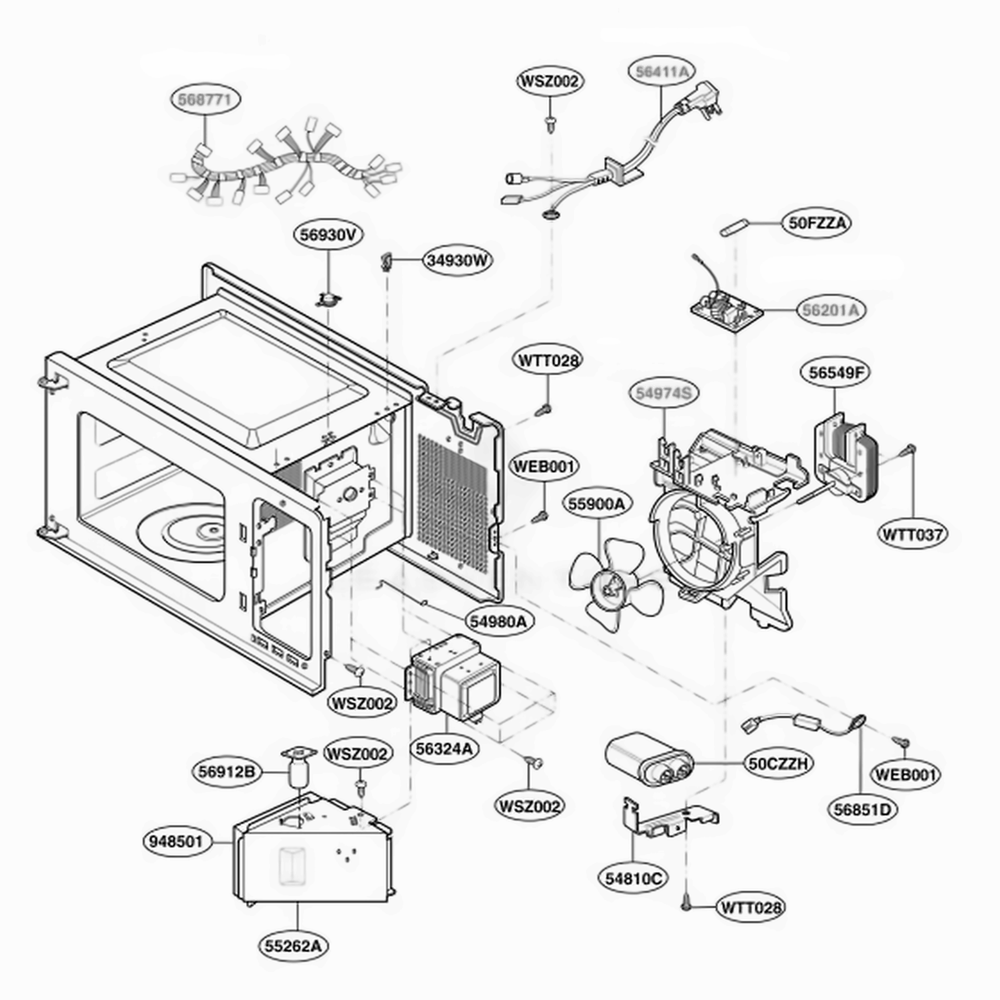 Interior Parts Diagram and Parts List for MT4110SPQ CW1EWRP LG Wall Oven