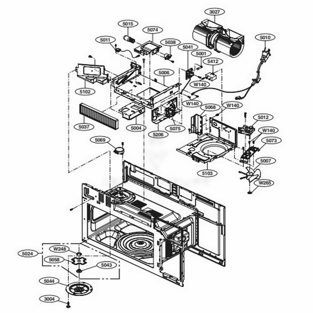 Interior Parts 2 Diagram and Parts List for LMVM2033BD CBDELGA LG Microwave Oven Combo