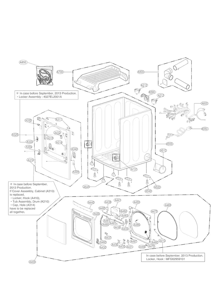 Cabinet And Door Parts Diagram and Parts List for DLGX5781WE  LG Dryer
