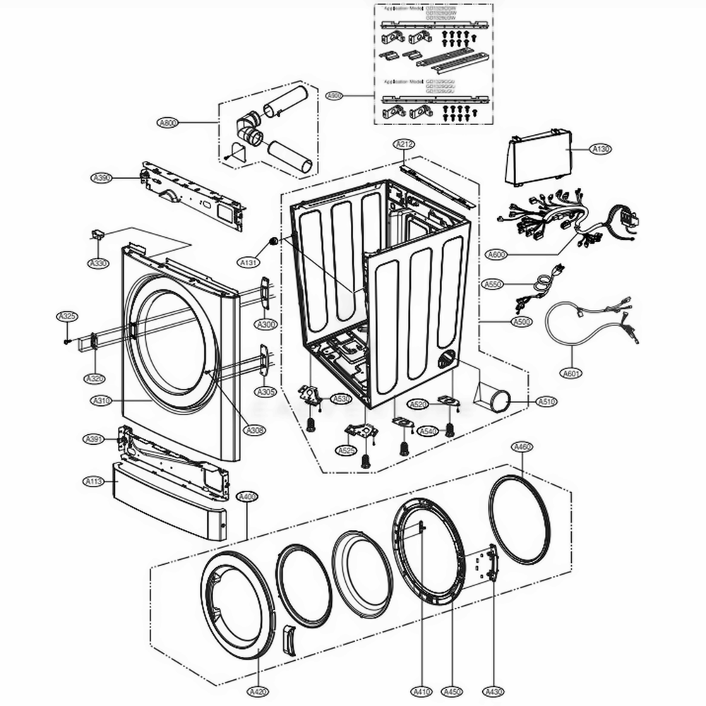 Cabinet And Door Assembly Gas Stack Upper Type Diagram and Parts List for GD1329CGW2 ASSEELC LG Dryer