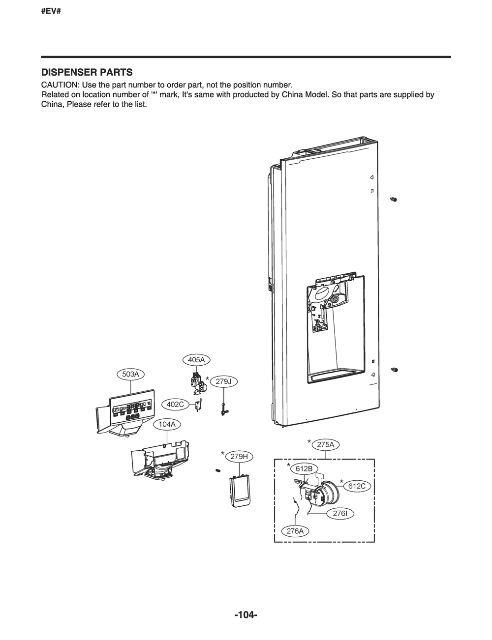 Dispenser Parts Diagram and Parts List for GR-L28ANSXM ASTCNA8 LG Refrigerator