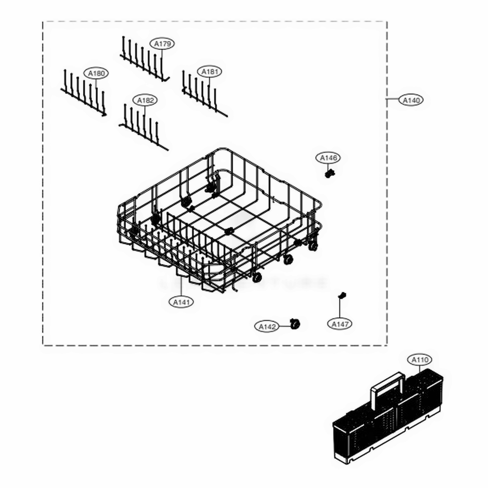 Bottom Rack Assembly Diagram and Parts List for 13383 ASTESEU LG Dishwasher