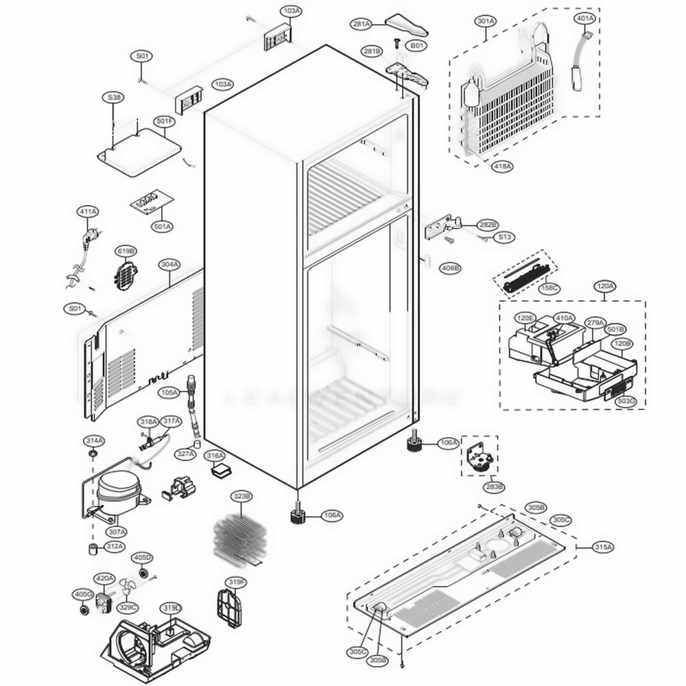 Case Parts Diagram and Parts List for LTCS20020W ASWCNA0 LG Refrigerator