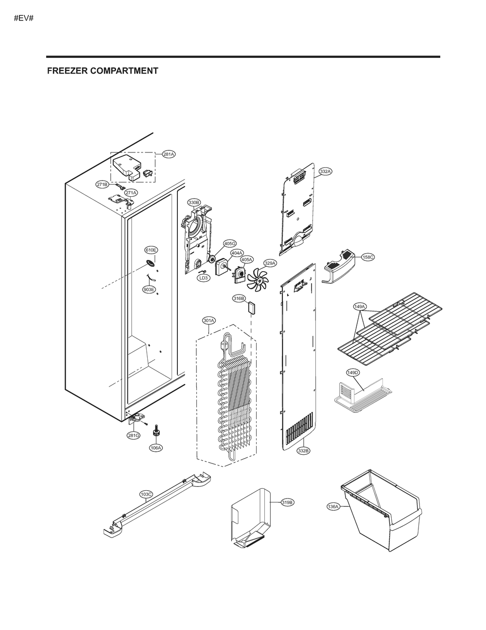 Freezer Compartment Diagram and Parts List for GM-L237ZQHL ABICSE0 LG Refrigerator
