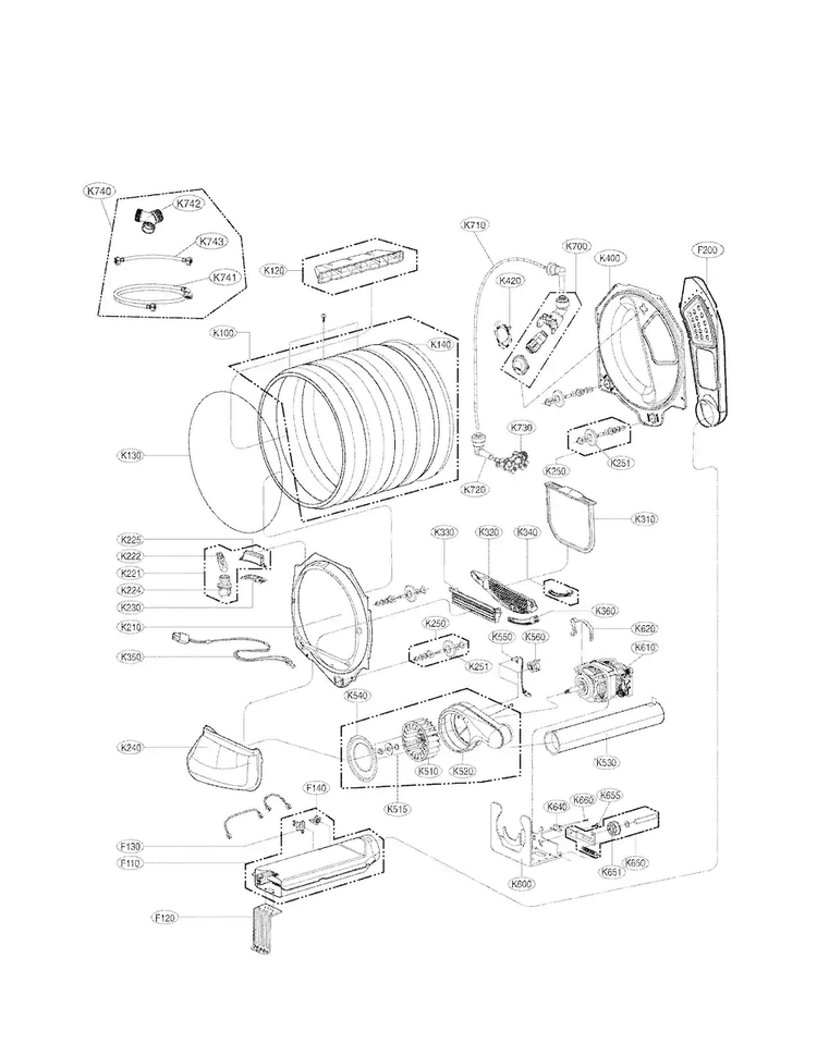 Drum And Motor Assembly Parts Diagram and Parts List for DLEY1201W  LG Dryer