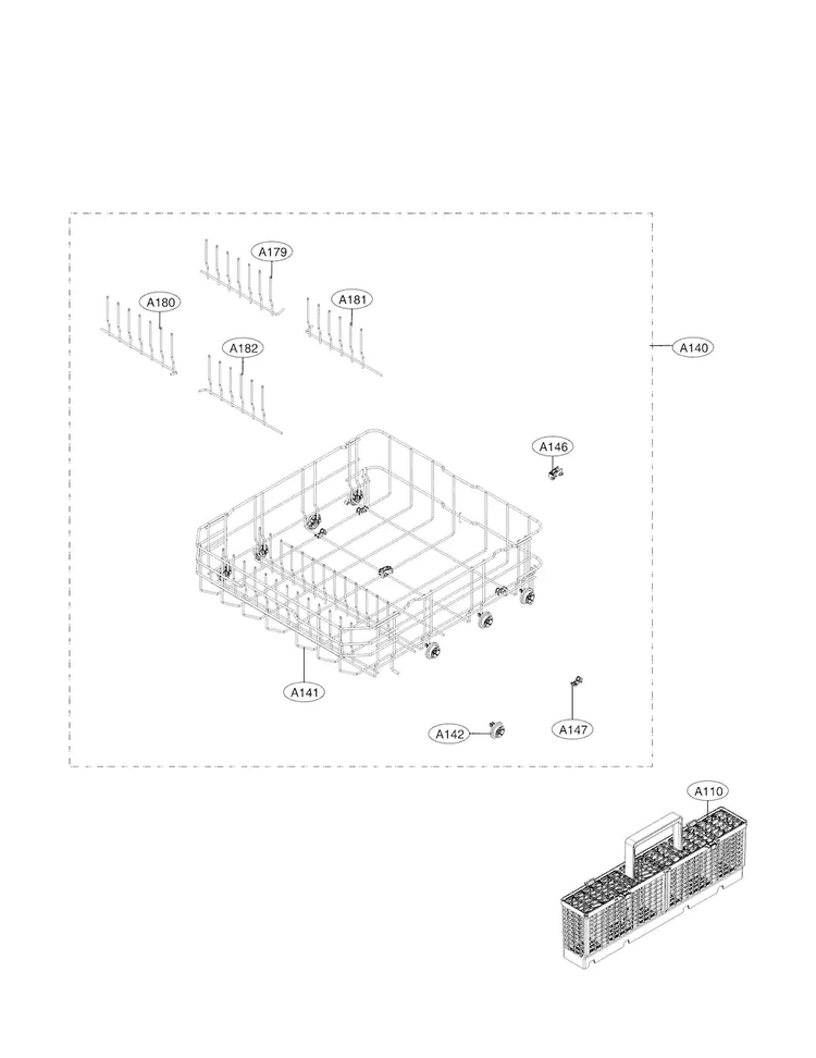 Lower Rack Assembly Parts Diagram and Parts List for LDF5545ST 00 LG Dishwasher