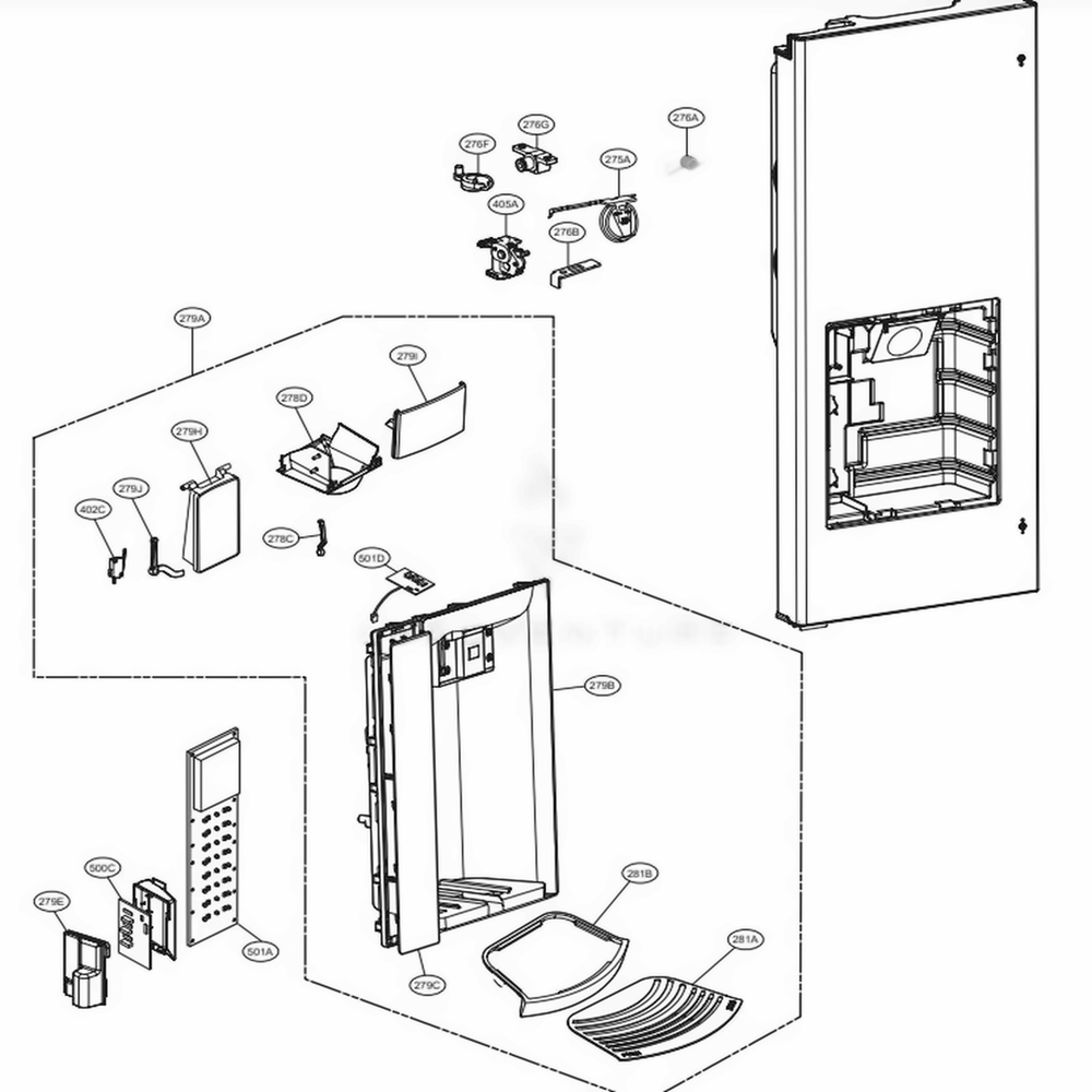 Dispenser Parts Diagram and Parts List for LFX25974ST ASTCNA6 LG Refrigerator