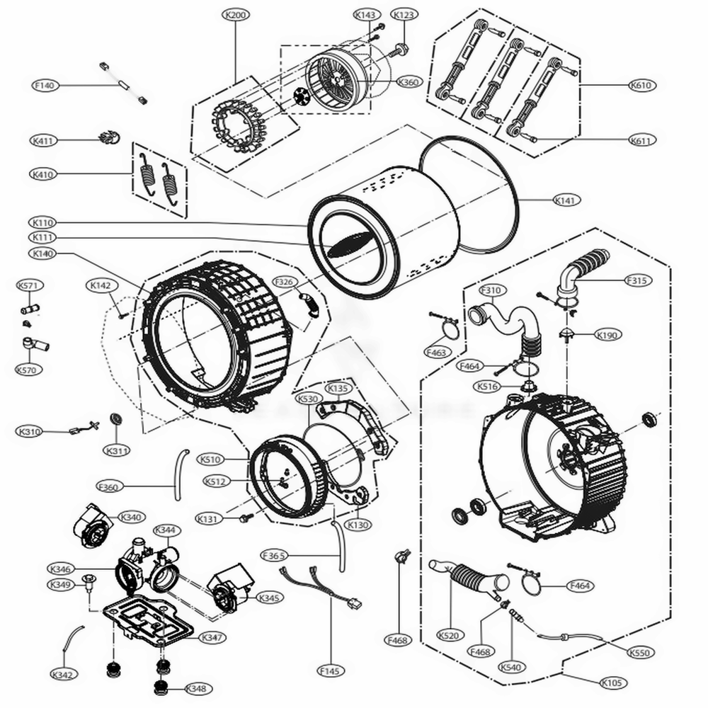 Drum And Tub Assembly Diagram and Parts List for 41393 ASTEVEU LG Washer