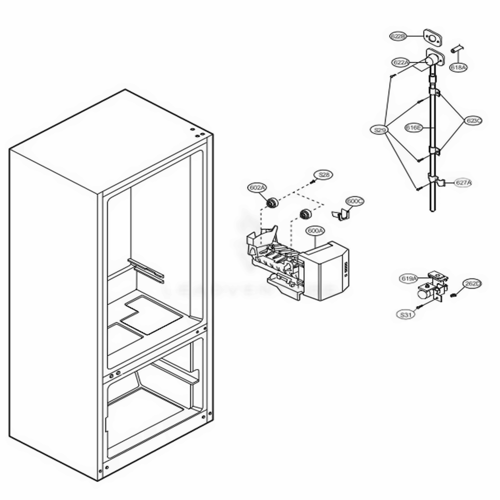Ice Maker Parts Diagram and Parts List for 75093 ASTCSEF LG Refrigerator
