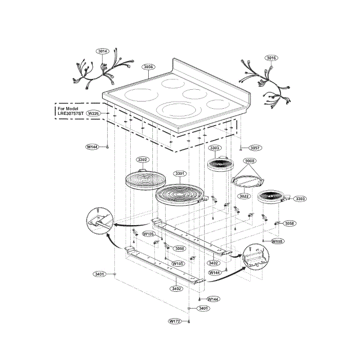 Cooktop Diagram and Parts List for LRE30757SW 00 LG Range