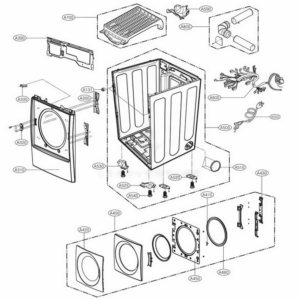 Cabinet And Door Assembly Gas Type Diagram and Parts List for 92199 ASRESEU LG Dryer