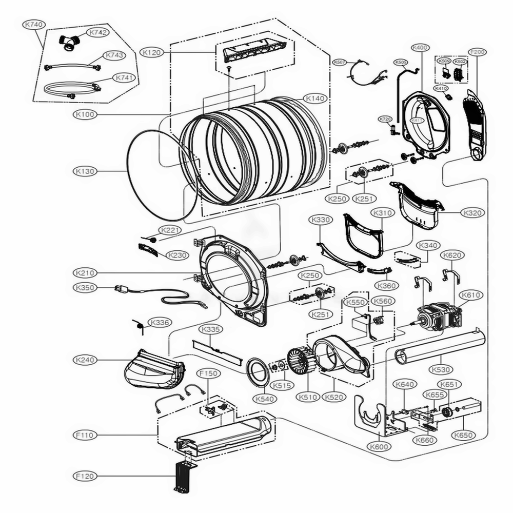 Drum And Motor Assembly Electric Type Diagram and Parts List for DLEX4370W ABWEEUS LG Dryer