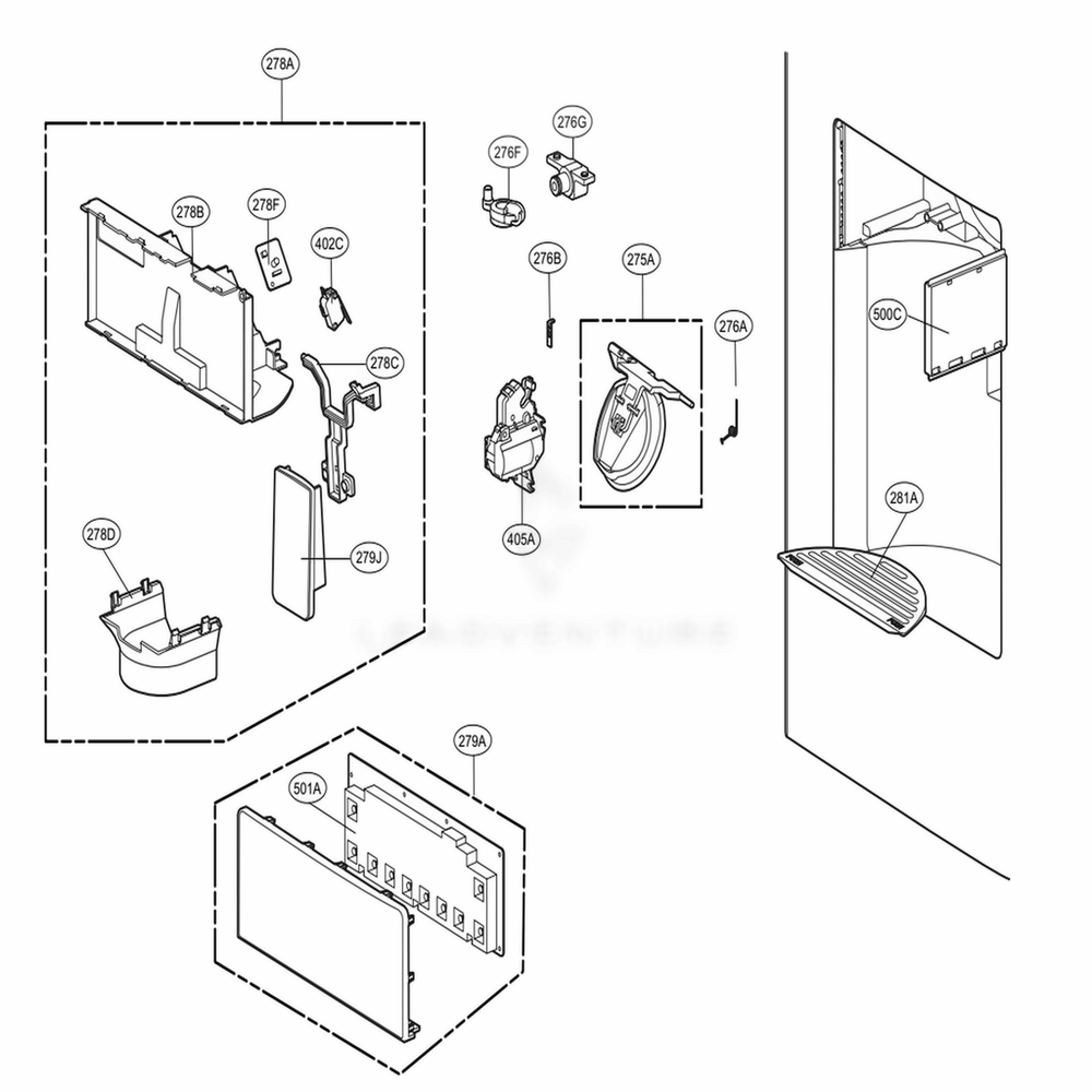 Dispenser Parts Diagram and Parts List for 72036 ATICSE0 LG Refrigerator