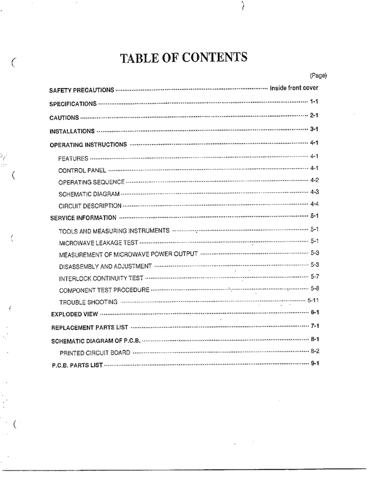 Table Of Contents Diagram and Parts List for MA-1273M  LG Microwave