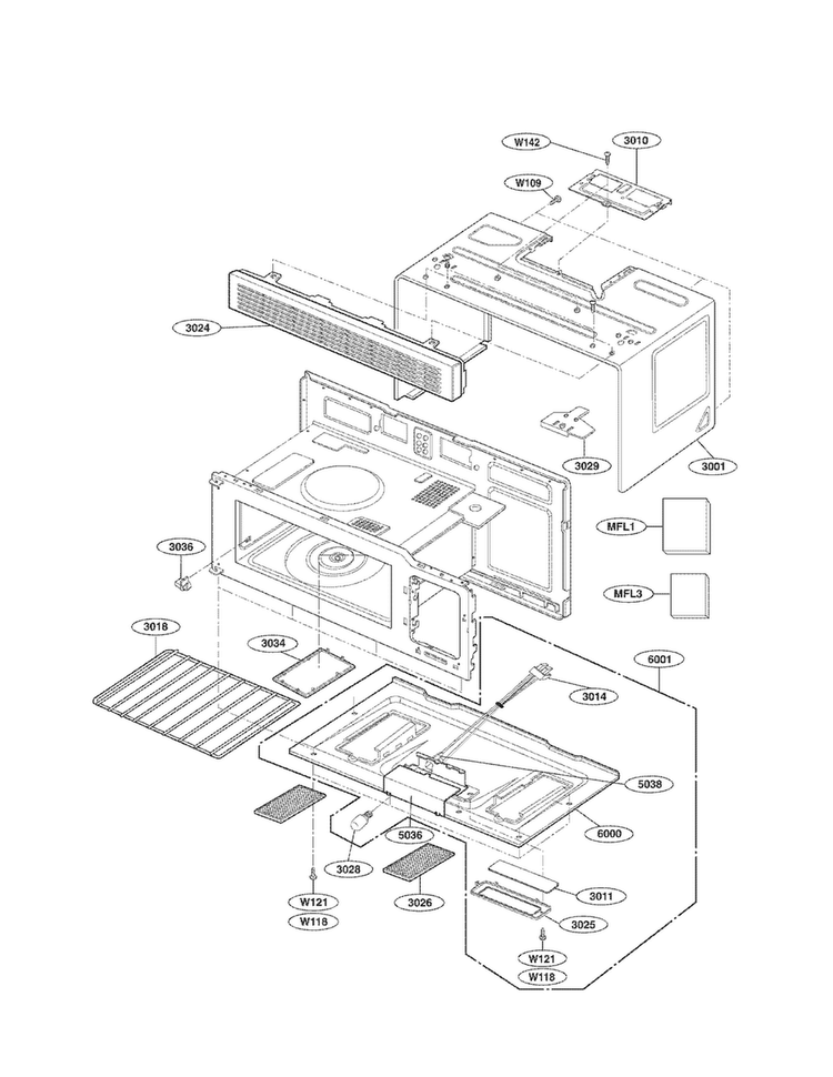 Oven Cavity Parts Diagram and Parts List for MV1604ST01  LG Microwave