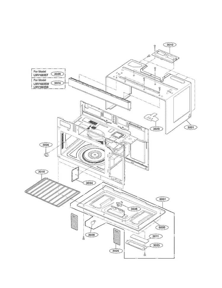 Oven Cavity Parats Diagram and Parts List for LMV1683ST 00 LG Microwave