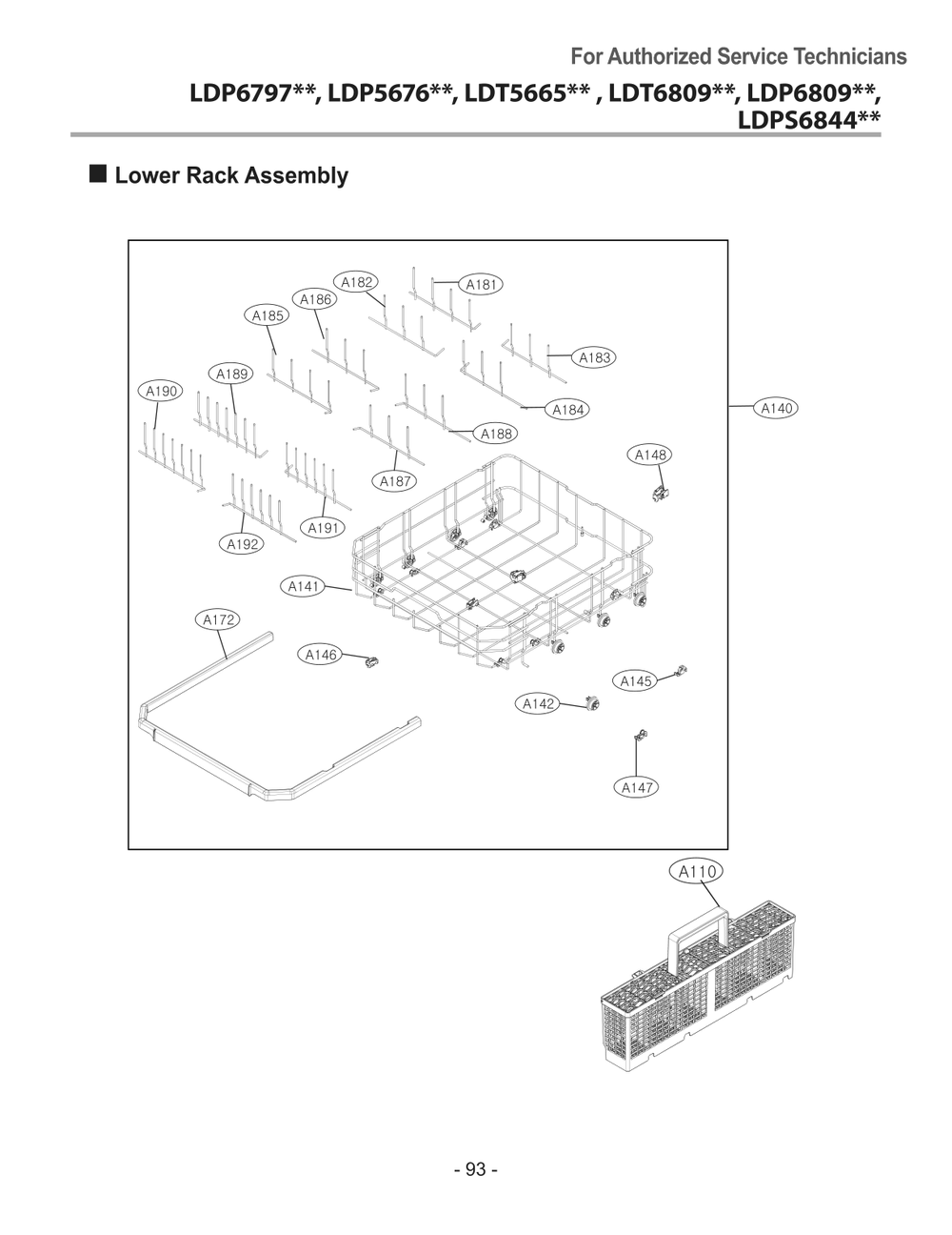 Lower Rack Assembly Diagram and Parts List for DUA414TD ABDEEUS LG Dishwasher