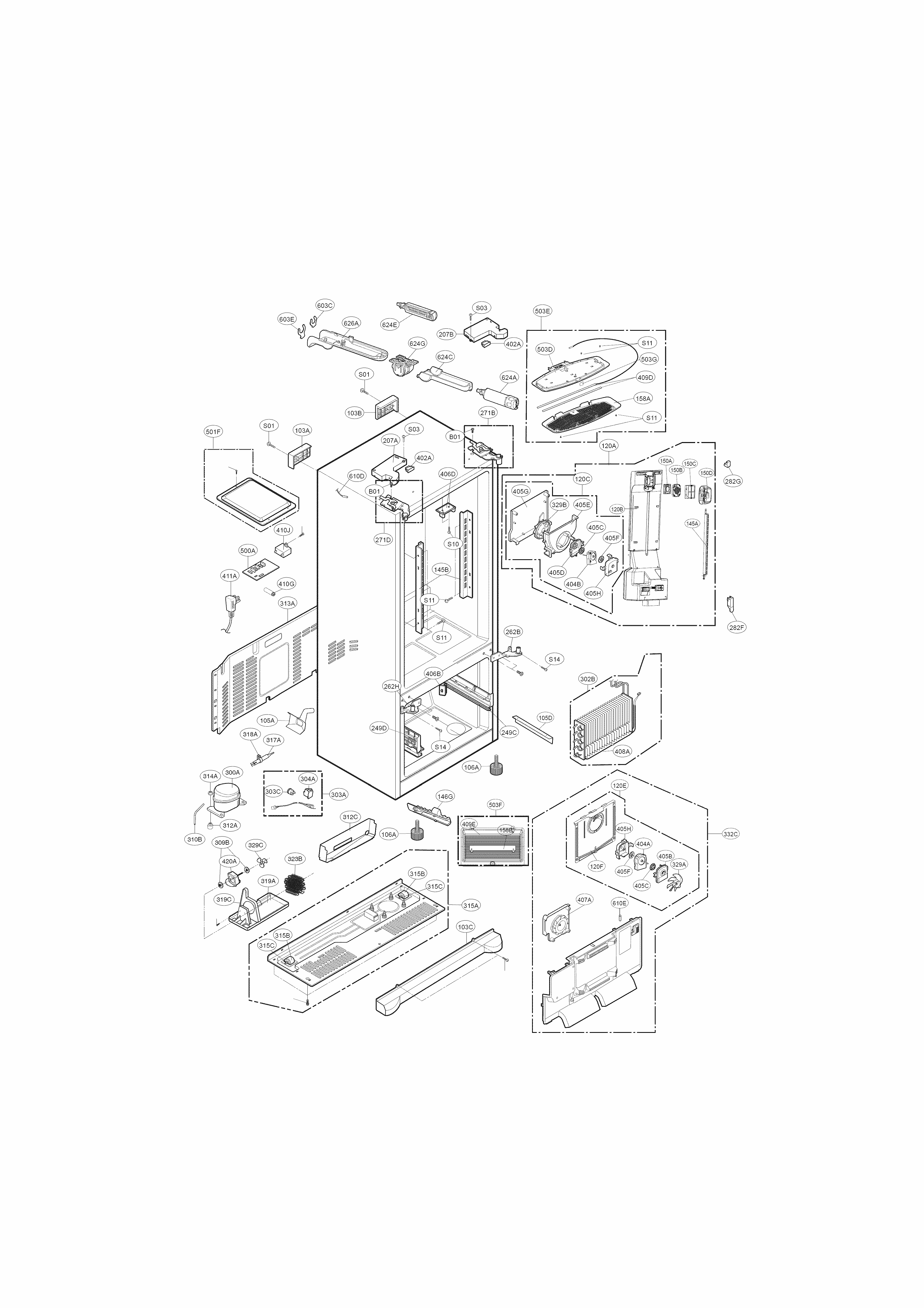 Case Parts Diagram and Parts List for 79573065410  Kenmore Refrigerator