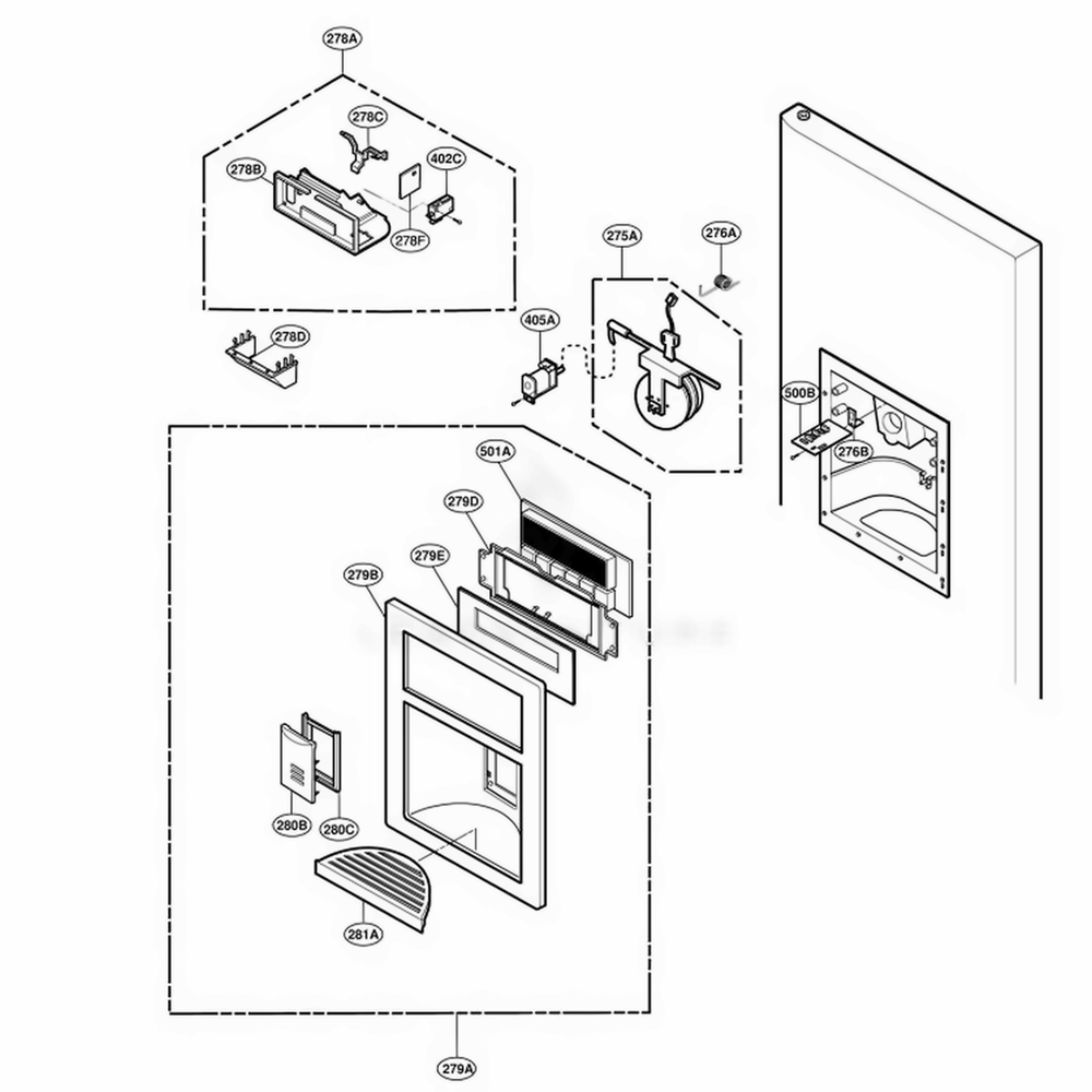 Dispenser Parts Diagram and Parts List for 78519 AWBCSEF LG Refrigerator