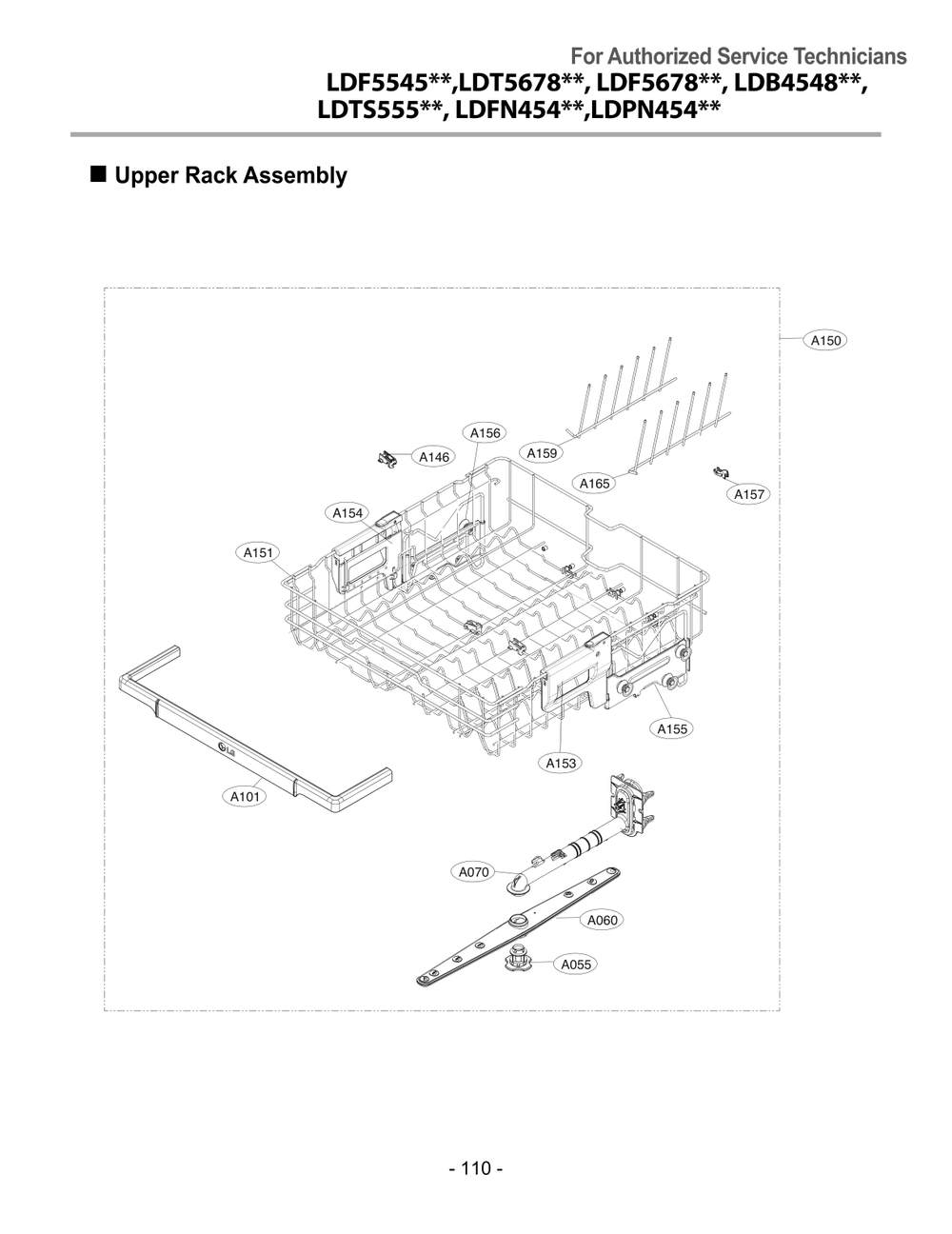 Upper Rack Assembly Diagram and Parts List for LDPN454HT ASSESNA LG Dishwasher